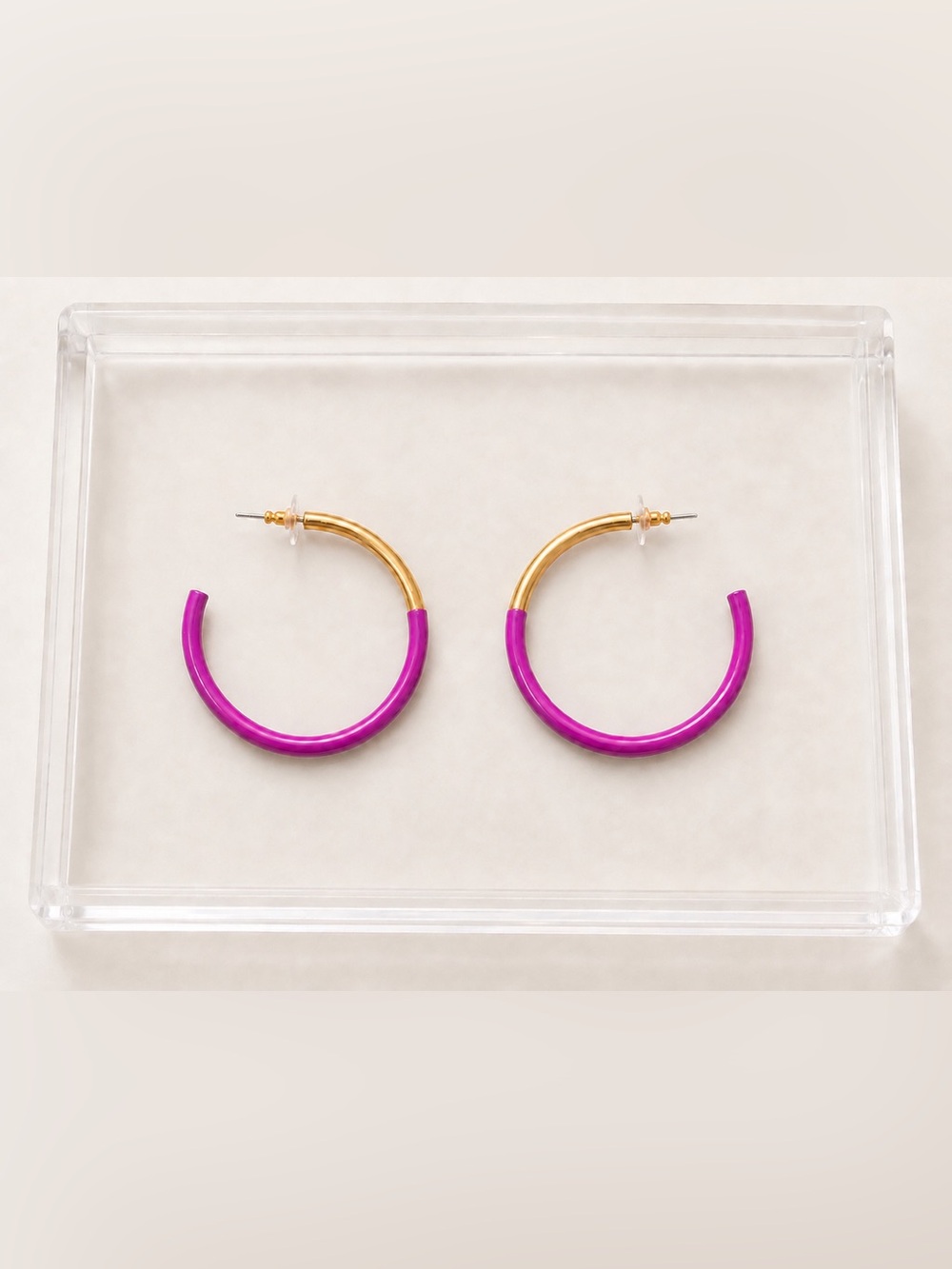 Accessory Jane Fuchsia & Gold Tone Liz Large Open Hoop Statement Earrings 2.25” - Picture 2 of 3